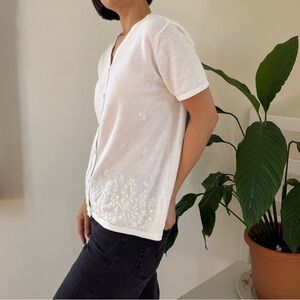 Vintage Carolyn Taylor Ramie Cotton Blend Embroidery White Cardigan Size Small